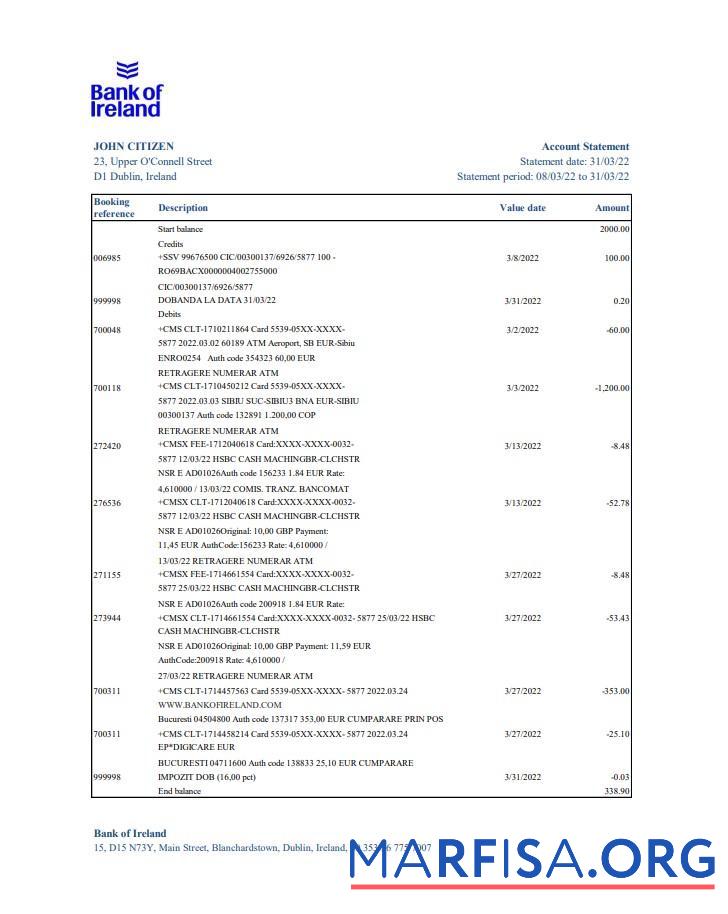 Blank Ireland Bank of Ireland statement excel example